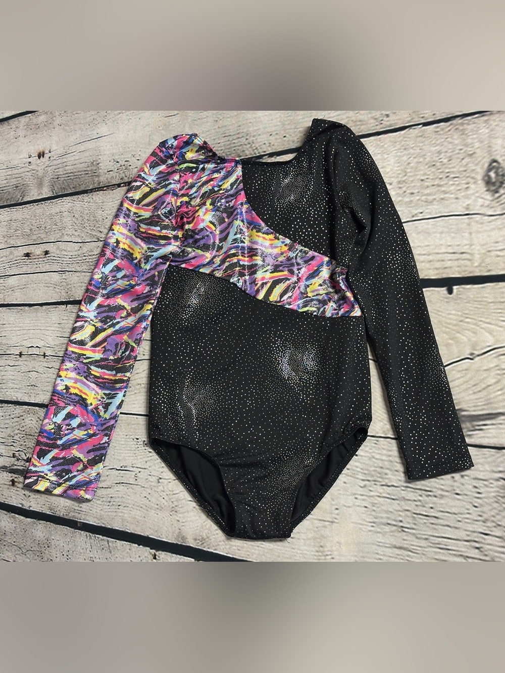 Girls' Black Sparkle One-Piece Leotard with Multicolor Accent